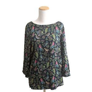 J. Jill Top M/L Black Colorful Birds Floral Viscose 3/4 Sleeve Pullover Blouse